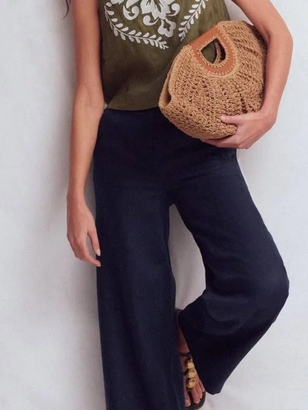 Boden Navy Blue 100% Linen Wide Leg Pull On Trousers Pants Petite US 4P / UK 8P